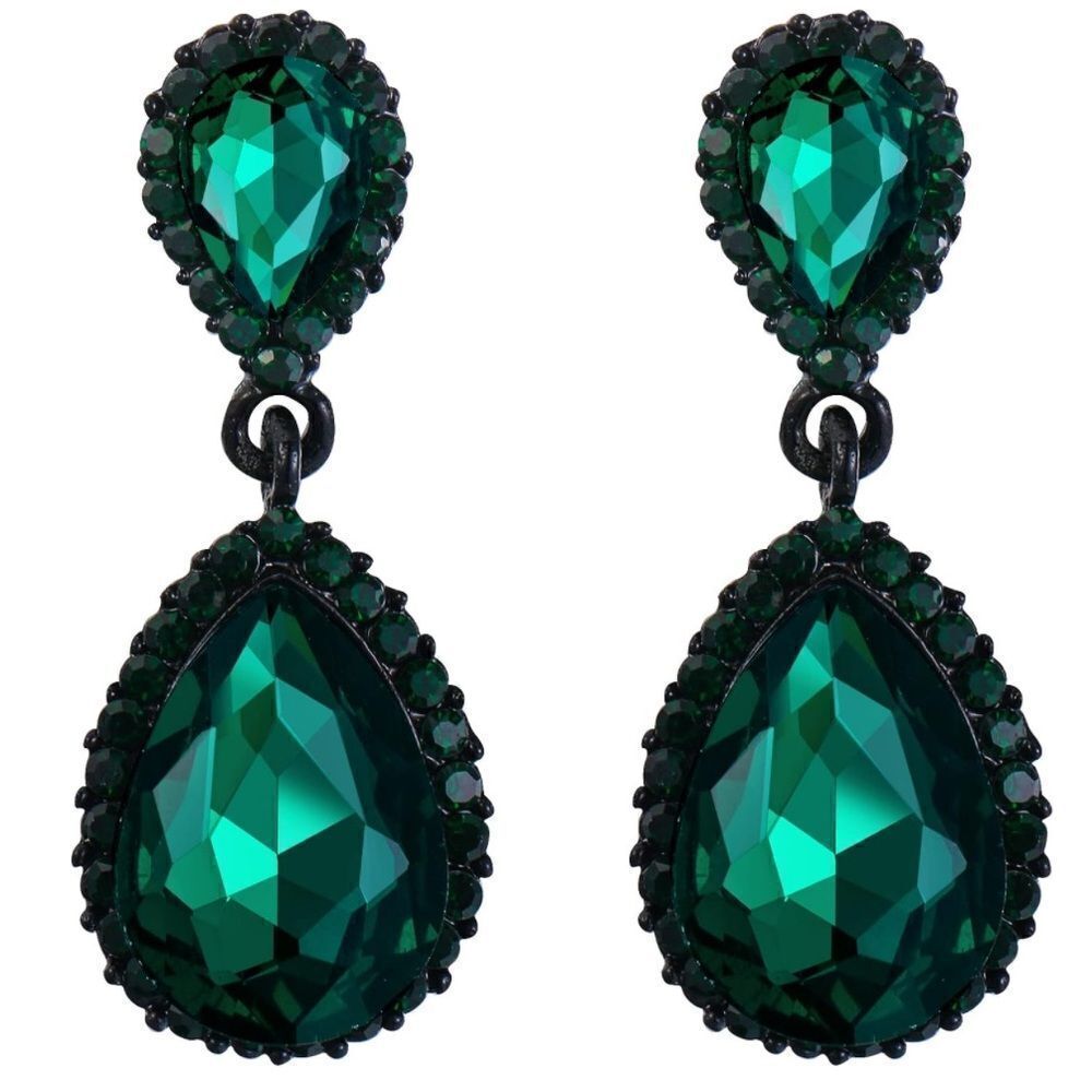 Carbon Black with Emerald Green Austrian Crystal Teardrop Post Back Earrings